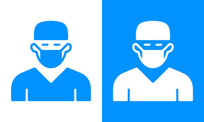 A professional vector icon set depicting a medical doctor or surgeon wearing a surgical mask and cap, presented in blue and white flat graphic style for healthcare and safety concepts.