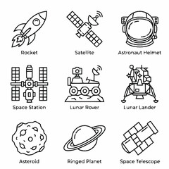 Set of space and astronomy outline icons featuring a rocket, satellite, astronaut helmet, space station, lunar rover, lunar lander, asteroid, ringed planet, and space telescope © ashraf