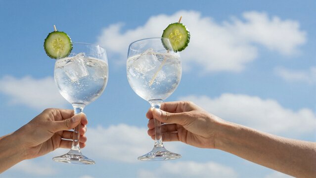 Close-up of hands toasting with refreshing gin and tonics featuring cucumber slices against a bright blue sky.