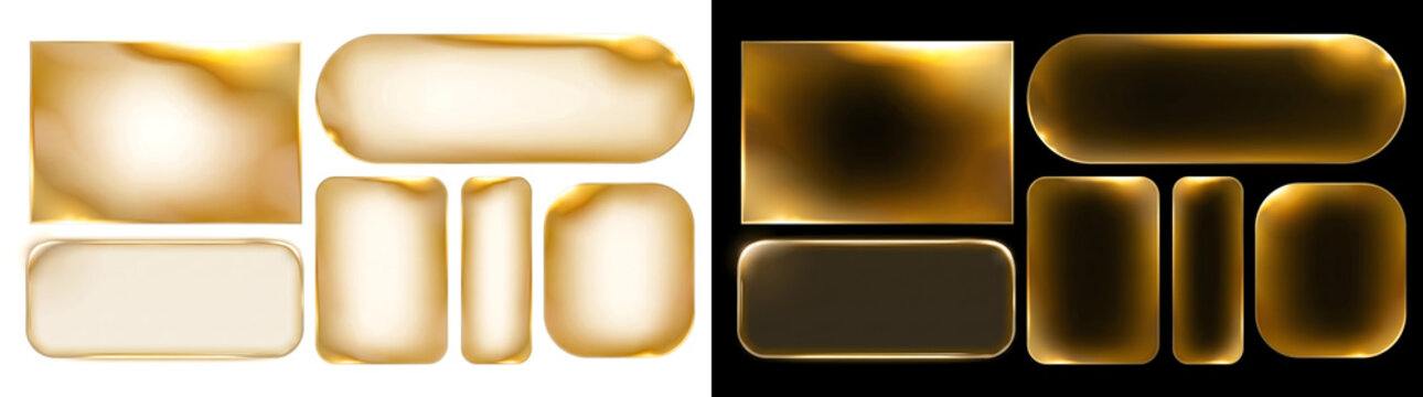 Golden glass button shapes glowing with sleek glossy rounded edges for creative design in PNG, Transparent and Black Background Versions
