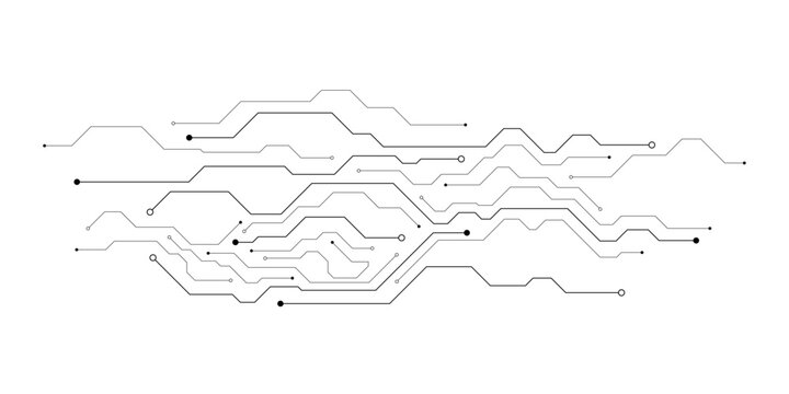 Abstract gray circuit board lines and dots forming a digital network pattern on a clean white background.