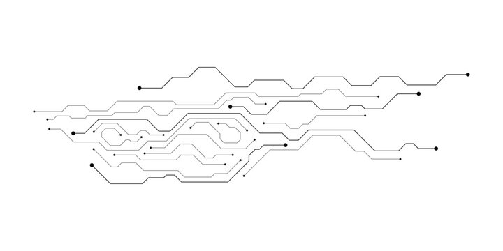 Abstract gray circuit board lines and dots forming a digital network pattern on a clean white background.