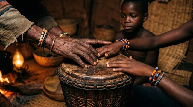Generations hands playing djembe drum in a traditional setting