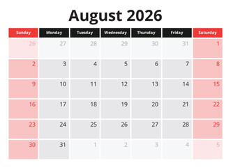 Naklejka na ściany i meble August 2026 planner calendar. English monthly page