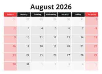 Fototapete Sportgeschäft August 2026 planner calendar. English monthly page  © Alex
