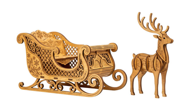 Wooden laser cut reindeer and sleigh christmas decoration isolated on transparent background