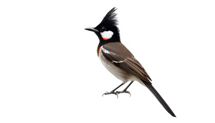 Fototapeta premium bulbul, bird, avian, creature, nature, wildlife, crested, songbird, animal, plumage, red, white, black, brown, isolated, portrait, fauna, feathers, beak, wings, perched, closeup.