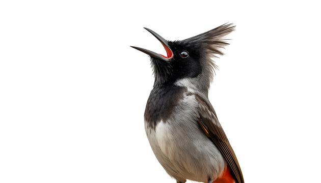 Grey crested phainopepla bird captured in profile view singing loudly with its beak wide open displaying detailed black feathers and vibrant red under tail plumage against a clean white background.