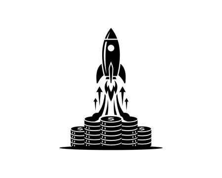 Silhouette of a rocket launching from a pile of coins