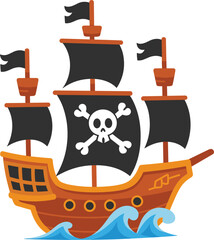 Pirate ship illustration, cartoon sailing vessel with skull flag isolated adventure vector design for children © Sabina