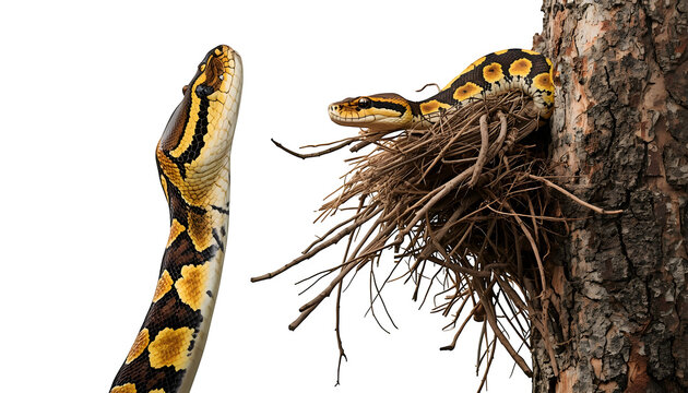 Ball pythons interacting near a wooden nest perched on the side of a textured tree trunk displaying vibrant yellow and dark brown patterned scales under soft and bright daylight conditions.