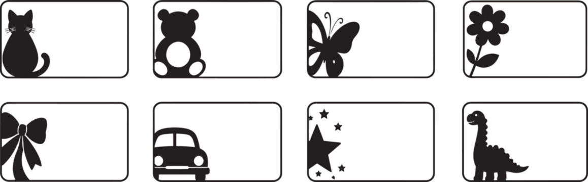 Cute animal and nature silhouette label frame collection with cat, teddy bear, butterfly, flower, ribbon, car, star, and dinosaur for kids name tags, stickers, cards, and classroom decoration vector 