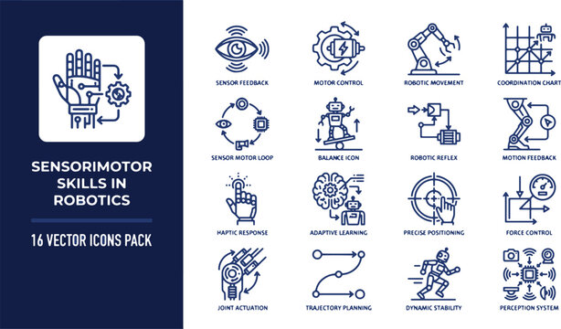 Professional Vector Icon Set Illustrating Advanced Sensorimotor Skills and Robotic Capabilities for Modern Automation and Artificial Intelligence Design Projects