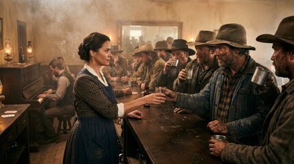 Naklejka premium Woman Bartender Serves Drinks to Men in a Smoky Old West Saloon