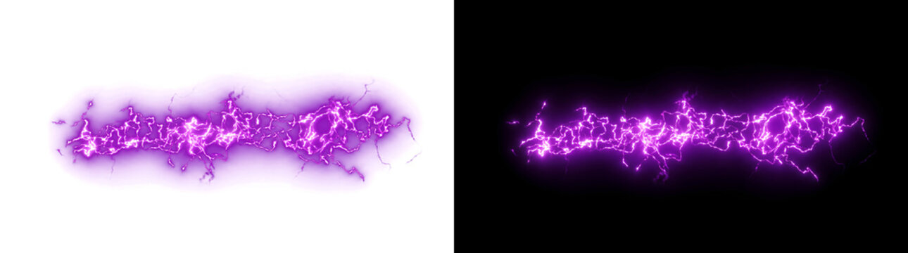 Purple lightning bolt crackling with electric energy horizontally for creative design in PNG, Transparent and Black Background Versions