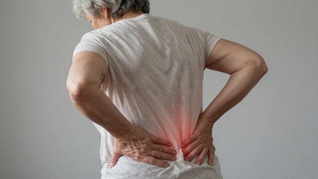 An elderly woman in a white shirt holds her lower back, indicating severe spine pain and discomfort with hands placed firmly on the affected area.