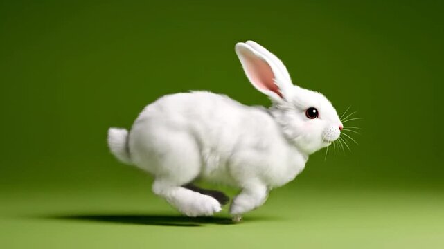 A fluffy white rabbit hops across a solid green background