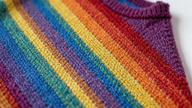 Close-up of a handmade knitted garment featuring vibrant diagonal stripes in rainbow hues including red, orange, yellow, blue, purple and green textures.