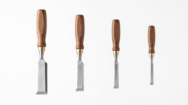 Set of Four Professional Wood Chisel Tools with Wooden Handles Isolated on White Background