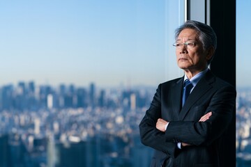 Fototapeta premium 都会の夜景を背に展望を語る日本人シニアビジネスマン