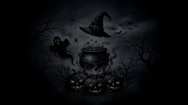 Dark and spooky halloween scene with cauldron and pumpkins