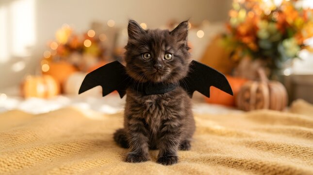 Cute fluffy black kitten wearing bat wings for halloween