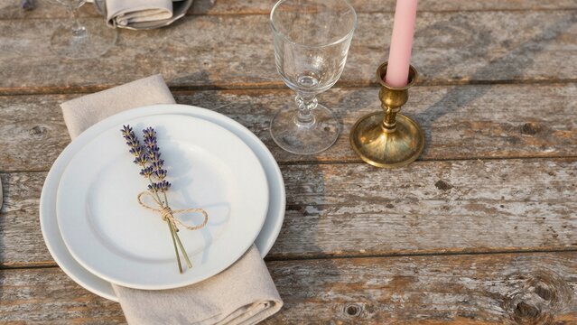 Elegant outdoor dinner setup featuring a white ceramic plate adorned with dried lavender, placed on a rustic wooden table alongside glassware and brass candlestick.