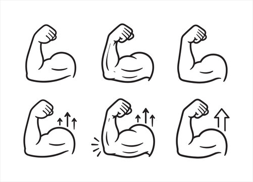 Muscular arm biceps flex icon set showing muscle growth and physical strength increase with directional upward arrows.