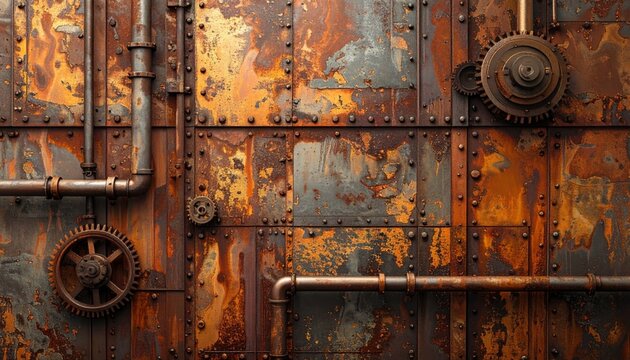 Antique Old Rusty Metal Lock on Weathered Wooden Door with Vintage Iron Handle and Keyhole Detail on Ancient Entrance Gate