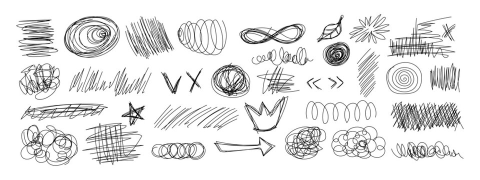 Pen doodles and scribbles form chaotic handwritten textures vector illustration set. Messy sketch lines, pencil marks, and tangled circles create abstract notebook patterns with organic pen strokes.