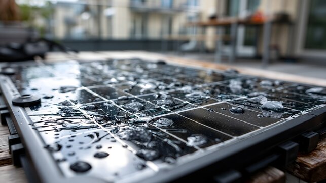 Hagelk&ouml;rner und Regentropfen liegen nach einem Unwetter auf einem Solarmodul