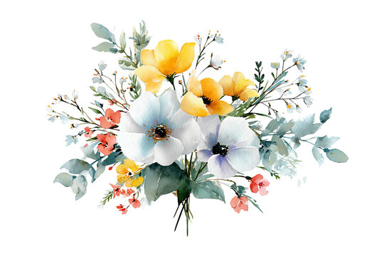 Watercolor wildflower bouquet isolated on transparent background, colorful botanical floral arrangement PNG cutout