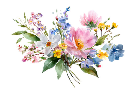 Watercolor wildflower bouquet isolated on transparent background, colorful botanical floral arrangement PNG cutout