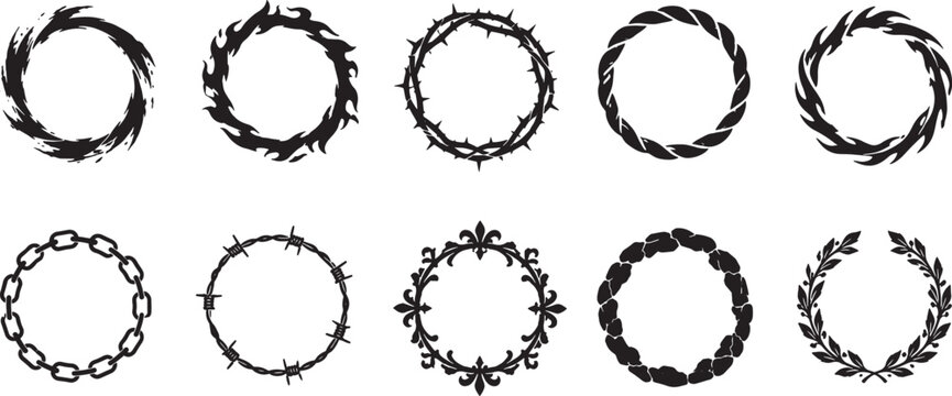 Decorative circular frame vector collection featuring brush, flame, thorn, chain, barbed wire, floral, stone, and laurel wreath round borders for logo, badge, emblem, and design elements