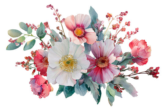 Watercolor wildflower bouquet isolated on transparent background, colorful botanical floral arrangement PNG cutout