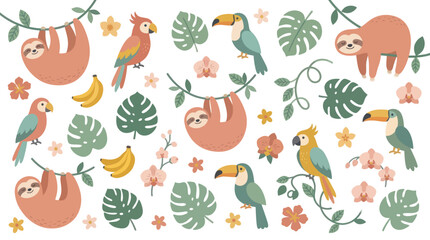Tropical pattern with sloths and jungle birds. © Meg