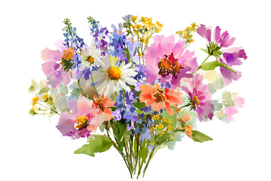 Watercolor wildflower bouquet isolated on transparent background, colorful botanical floral arrangement PNG cutout