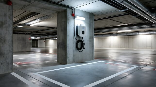 Leerer Tiefgaragenplatz mit Ladestation f&uuml;r Elektroautos in einem Mehrfamilienhaus