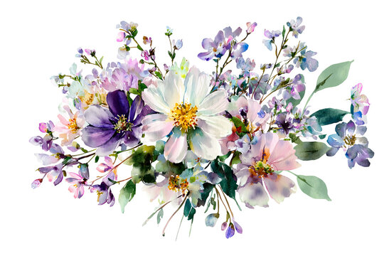 Watercolor wildflower bouquet isolated on transparent background, colorful botanical floral arrangement PNG cutout