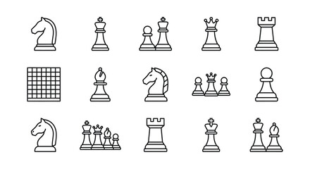 Chess Pieces Line Icons Set Black Strokes On White Background Representing Strategy And Board Games boardgame chessman © Icon Zone