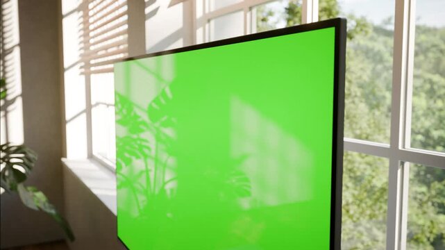 Desktop Monitor Green Screen Mockup &ndash; Static Seamless Loop with Moving Trees in Bright Sunlit Office - Perspective Shoot