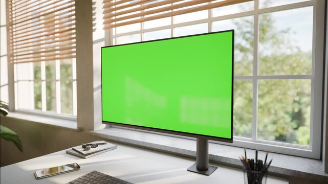 Desktop Monitor Green Screen Mockup &ndash; Static Seamless Loop with Moving Trees in Bright Sunlit Office - Perspective Shoot