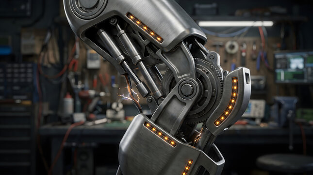 Close up of a mechanical exosuit knee joint flexing in a workshop