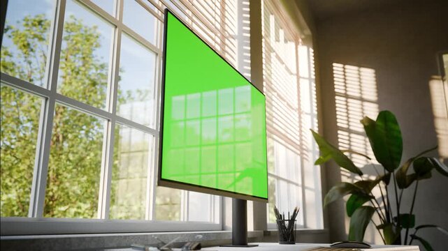Desktop Monitor Green Screen Mockup &ndash; Static Seamless Loop with Moving Trees in Bright Sunlit Office - Perspective Shoot
