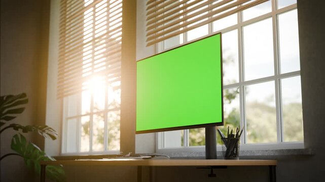 Desktop Monitor Green Screen Mockup &ndash; Static Seamless Loop with Moving Trees in Bright Sunlit Office - Perspective Shoot