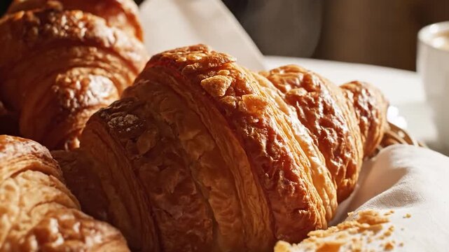 Fresh golden croissants in a basket with jam and coffee