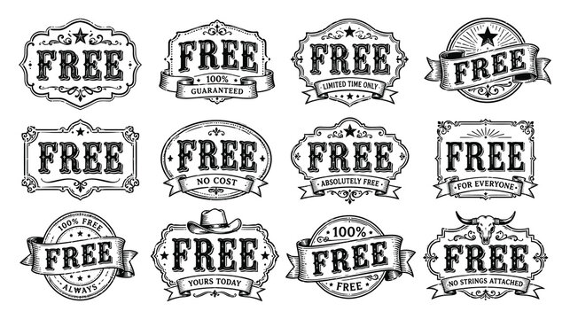 Vintage western free badges and labels with decorative elements and slogans.