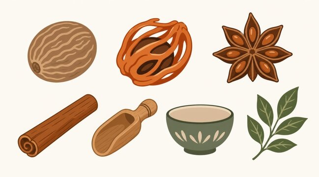 Nutmeg spice vector icon set
