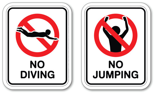 Pool safety prohibition icon set, no diving and no jumping warning symbols for swimming pools, hazard prevention, public safety signage and recreational facilities.