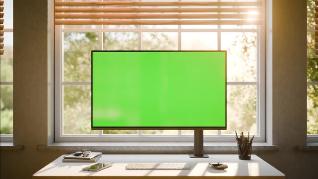 Desktop Monitor Green Screen Mockup &ndash; Static Seamless Loop with Moving Trees in Bright Sunlit Office - Front View